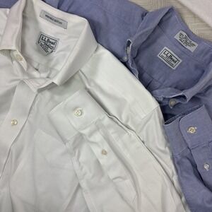 Lot of 2 LL Bean Button Down Shirt Mens‎ 15-33 White Blue 100% Cotton Oxford L/S